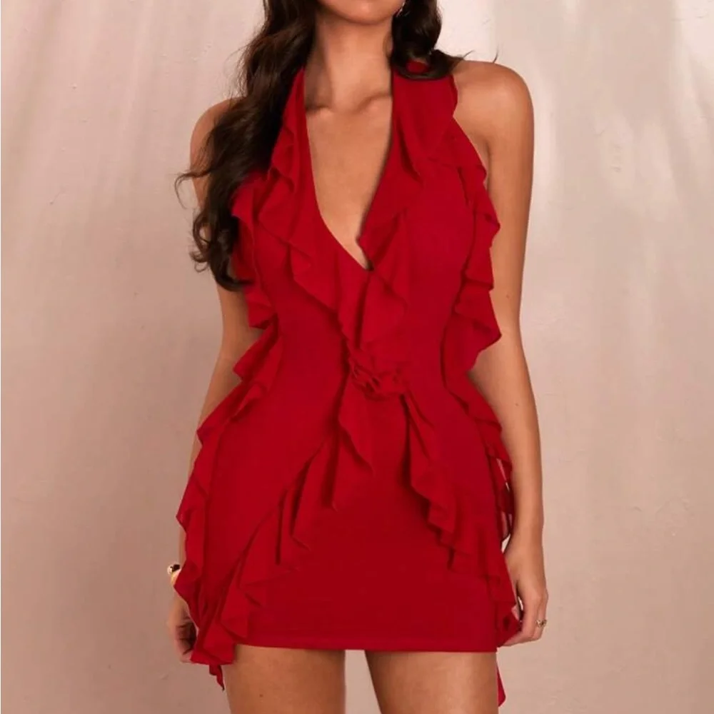 Red Ruffled Halter Dress - Picture 1 of 3
